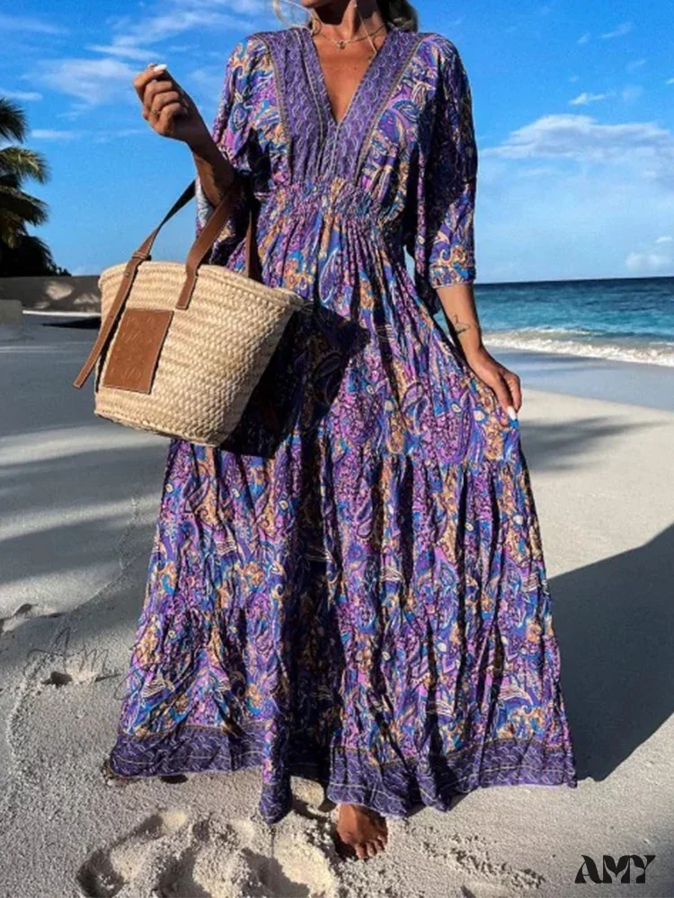 Amy Fashion - Deep V Neck Waist Drawstring Spring Pattern Vintage Boho Dress - Image 4
