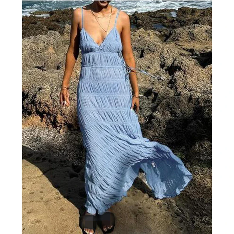 Deep V Textured Cami Slip Vacation Dress - Image 5
