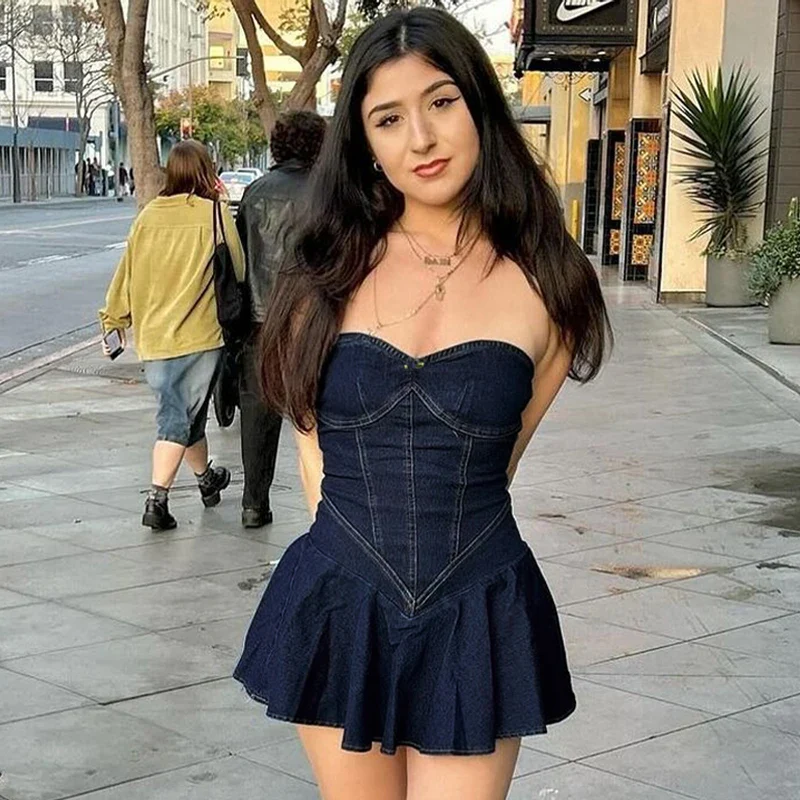 Denim Strapless A Line Mini Dress - Image 3