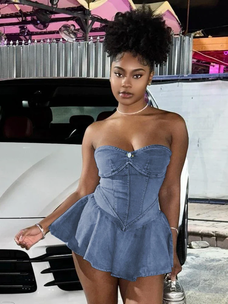 Denim Strapless A Line Mini Dress - Image 7