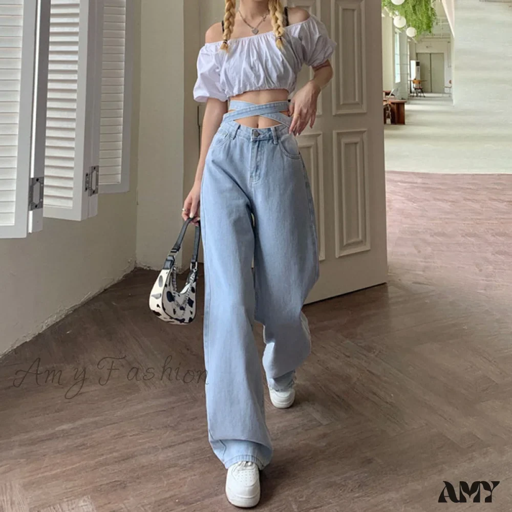 Amy Fashion - Fashion Cotton Cross Belt Jeans