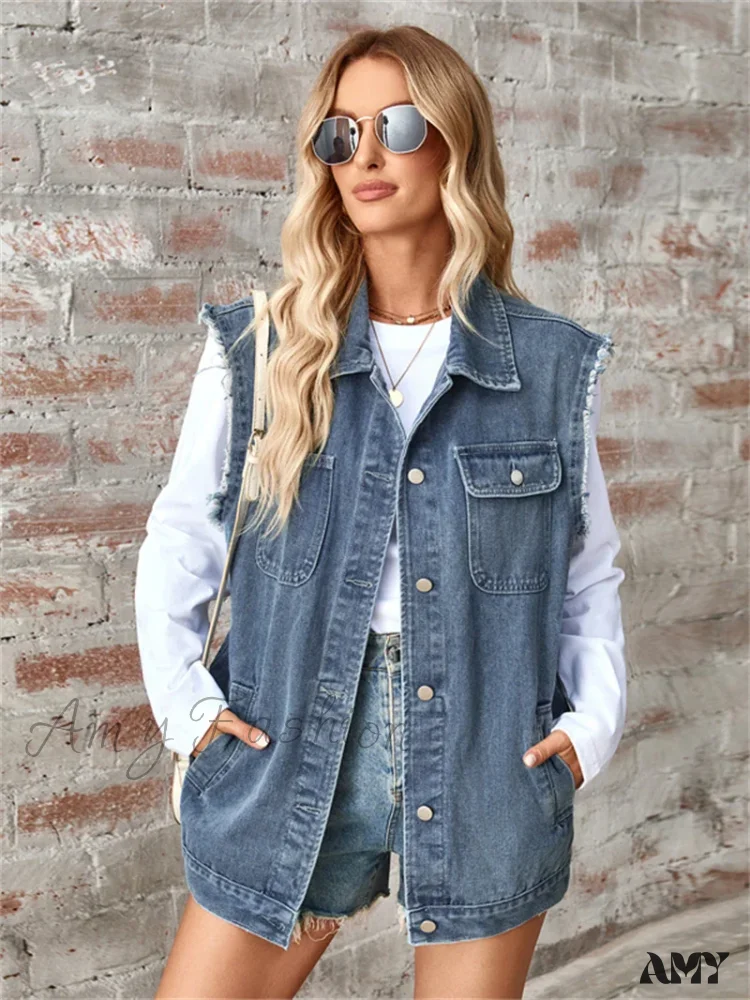 Denim Vest Autumn Washed Sleeveless Waistcoat Casual Baggy Jean Vest Jacket - Image 2