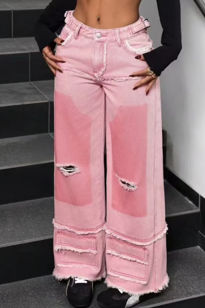 Distressed Patchwork Gradient Pink Stylish Jeans - Image 2