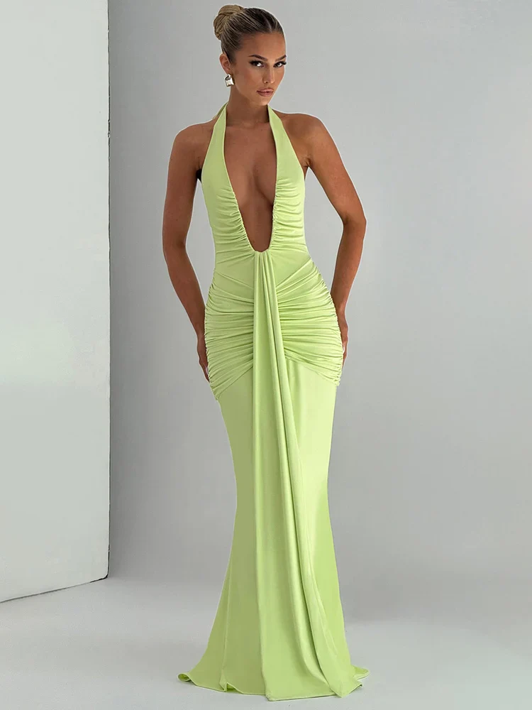 Draped Deep V Club Party Maxi Bodycon Dress - Image 4