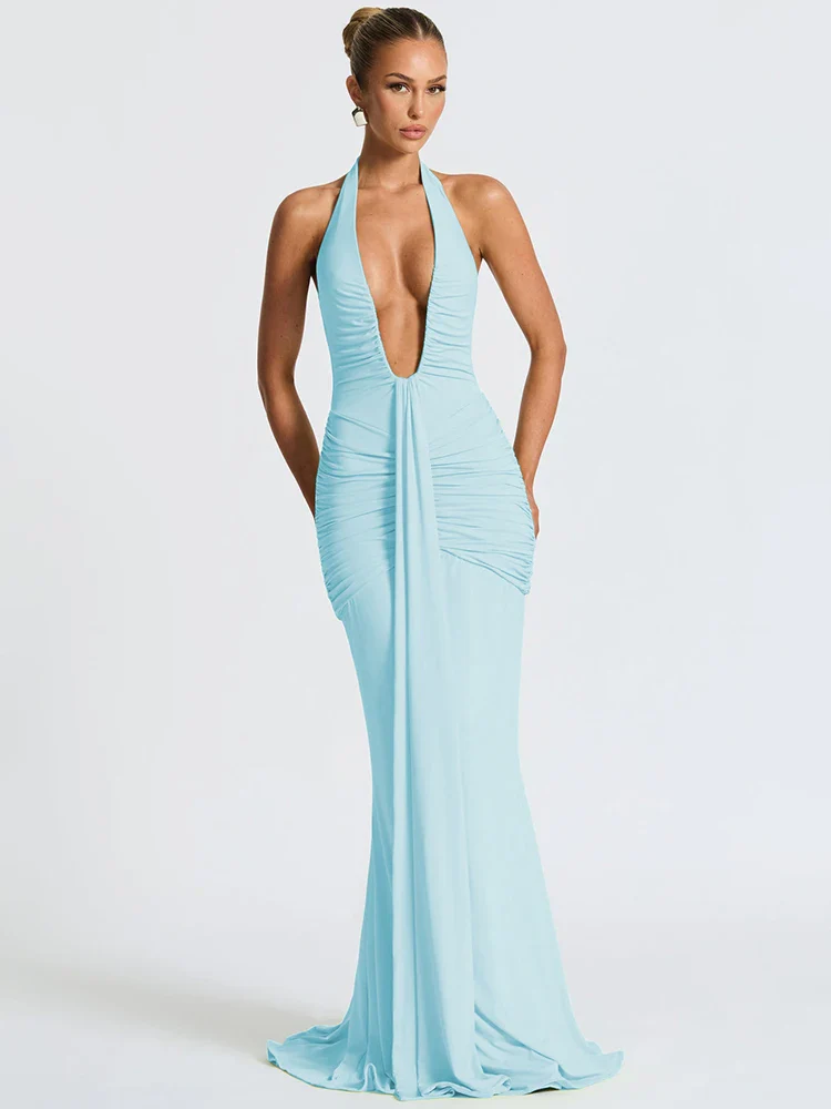 Draped Deep V Club Party Maxi Bodycon Dress - Image 7
