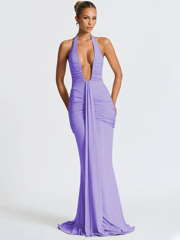 Draped Deep V Club Party Maxi Bodycon Dress - Image 8