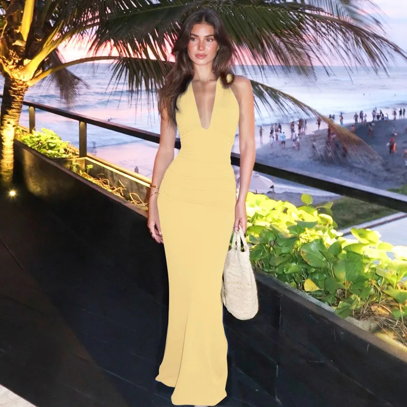 Draped Halter V-Neck Maxi Dress - Image 4