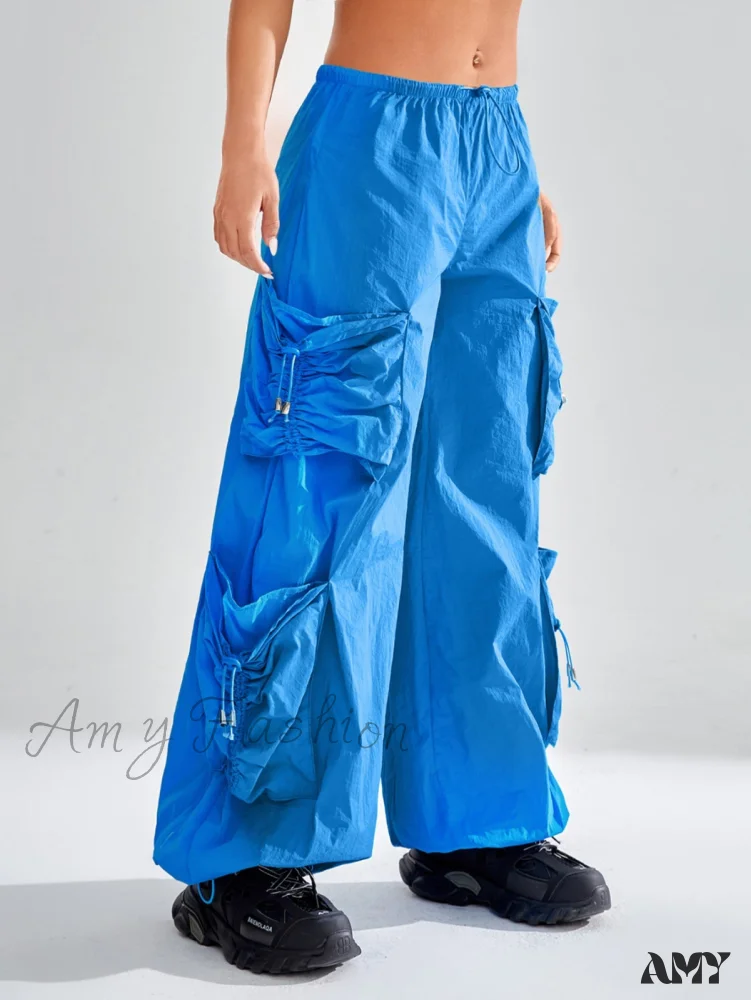 Amy Fashion - Drawstring Waist Flap Pocket Parachute Cargo Pants - Image 5