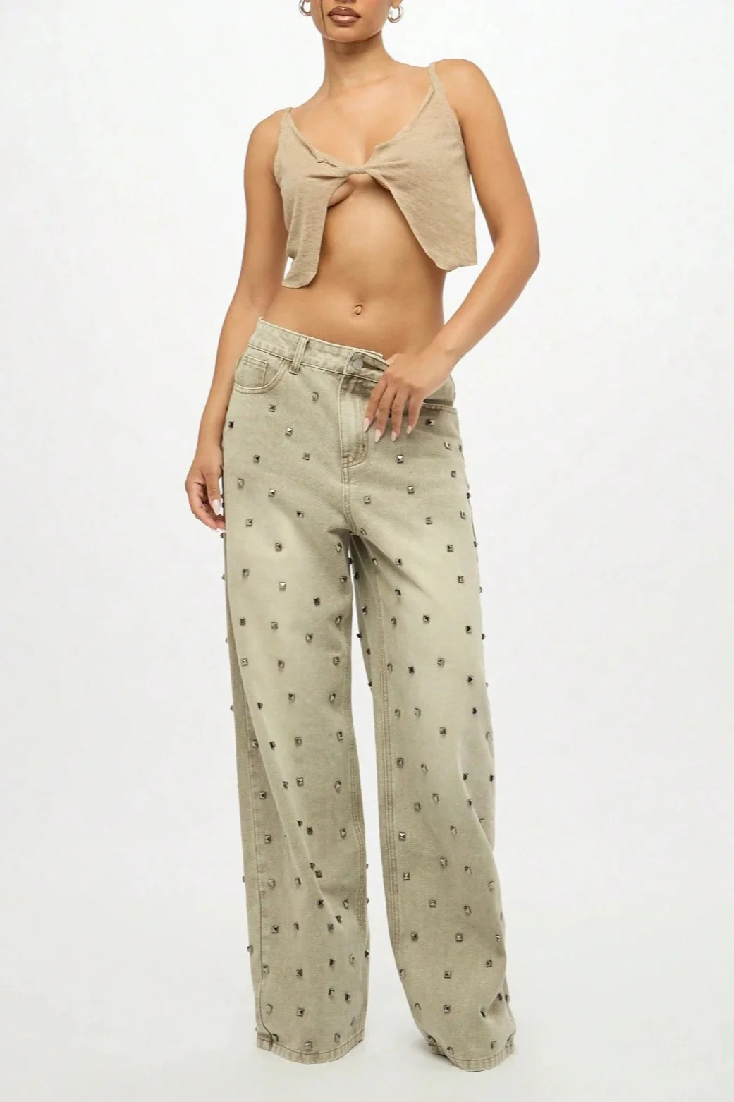 Edgy Retro Metal Bead Full-Diamond Low-Rise Straight Jeans