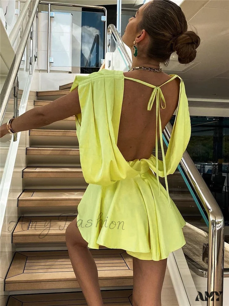 Amy Fashion - Elegant Blue Robe Solid Backless Bodycon Mini Dress - Image 4