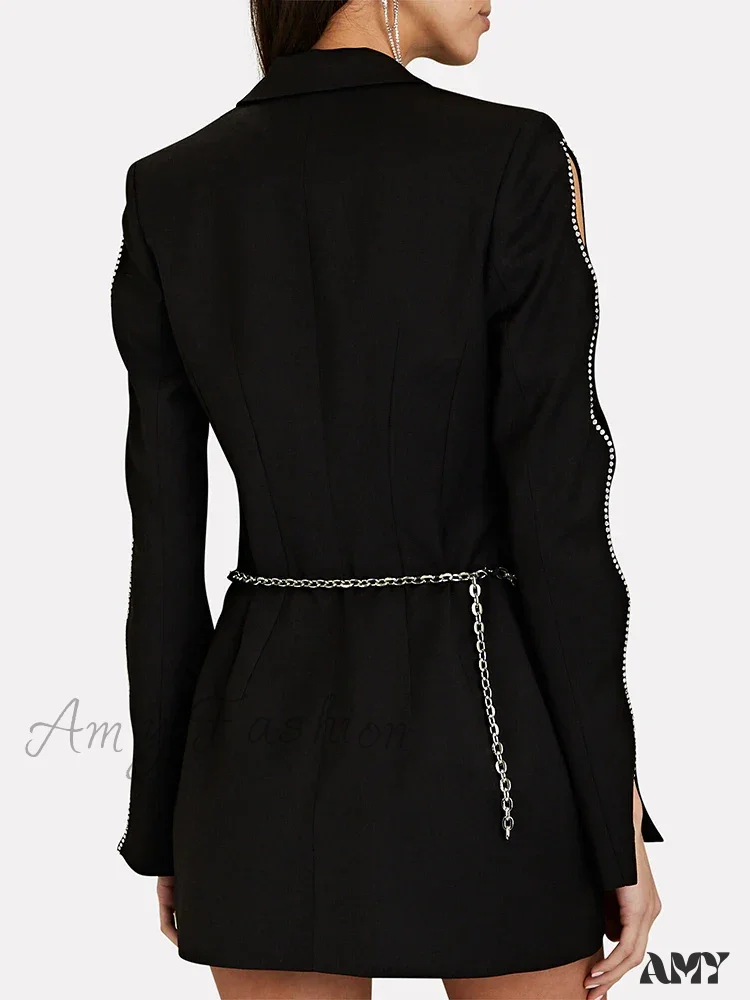 Elegant Deep V Neck Long Sleeve Spliced Chain Solid Slim Patchwork Diamonds Autumn Style Blazer - Image 2
