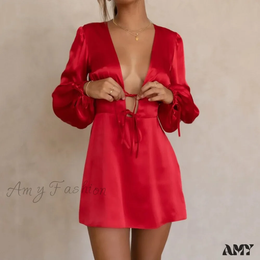 Amy Fashion - Elegant Fashion Puff Long Sleeve Slim Dresses - Image 14