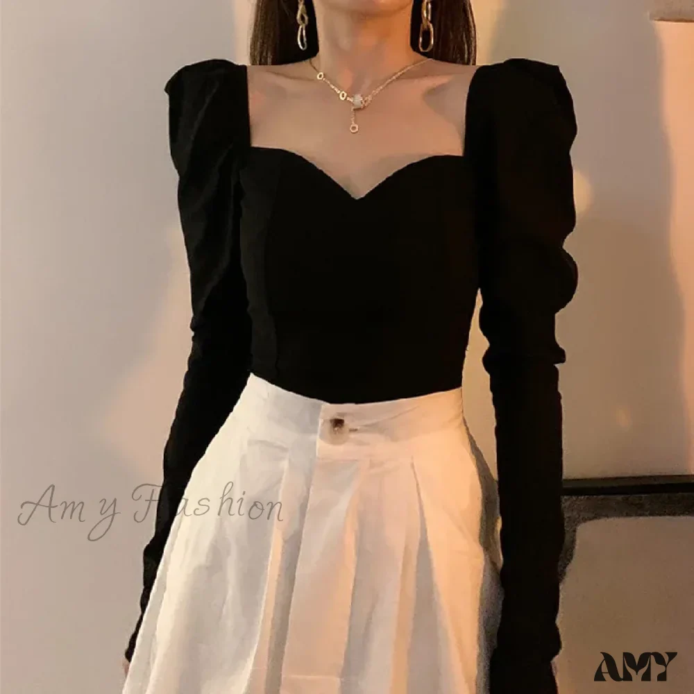 Elegant Puff Sleeve Square Collar Chic Slim Tops Blouse - Image 6