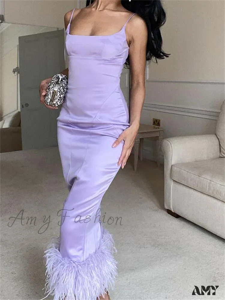 Amy Fashion - Elegant Sleeveless Strap Summer Party Clubwear Sexy Women Aquare Neck Feather Patchwork Slim Vestido