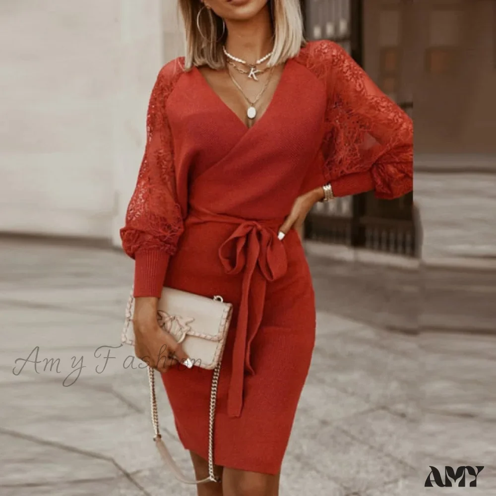 Amy Fashion - Elegant V Neck Lace Patchwork Ladies Dresses - Image 12