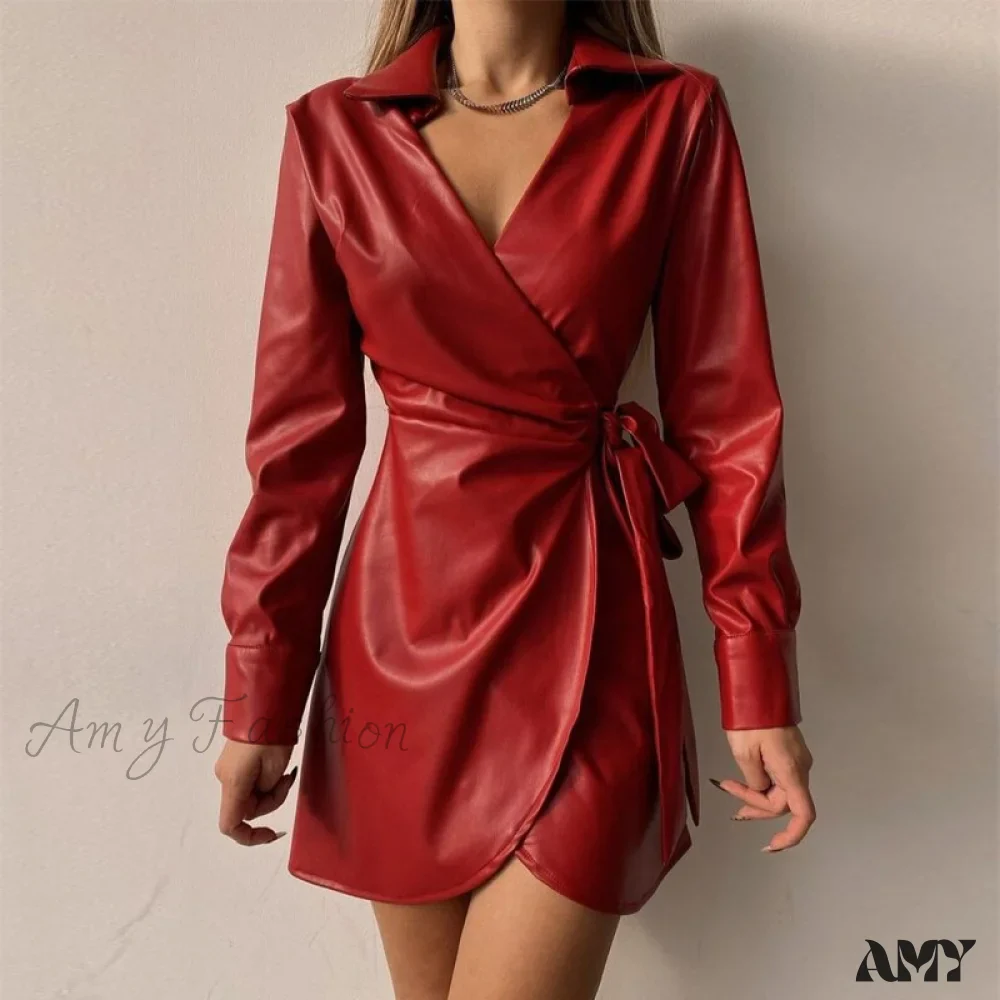 Amy Fashion - Elegant V-Neck Side Belt Office Lady Suit Dress