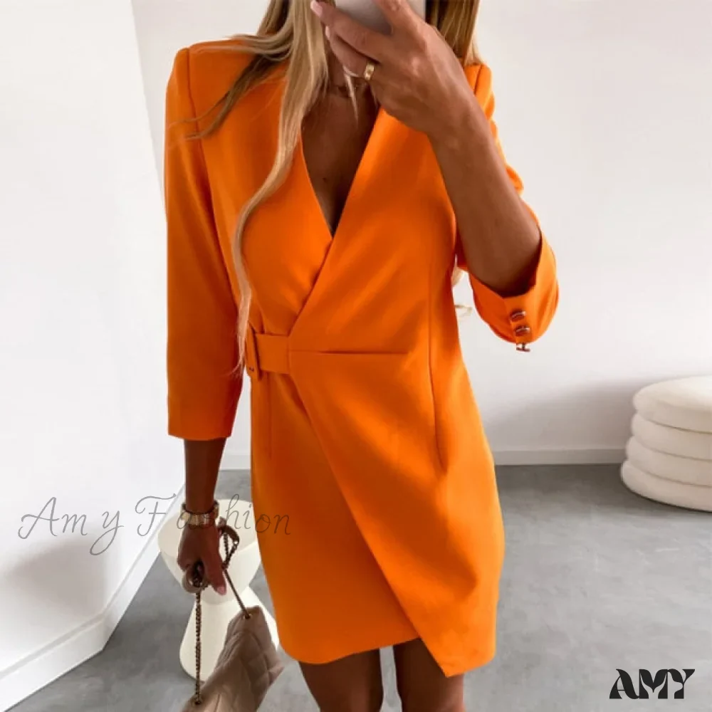 Amy Fashion - Elegant V-Neck Side Belt Office Lady Suit Dress - Image 2