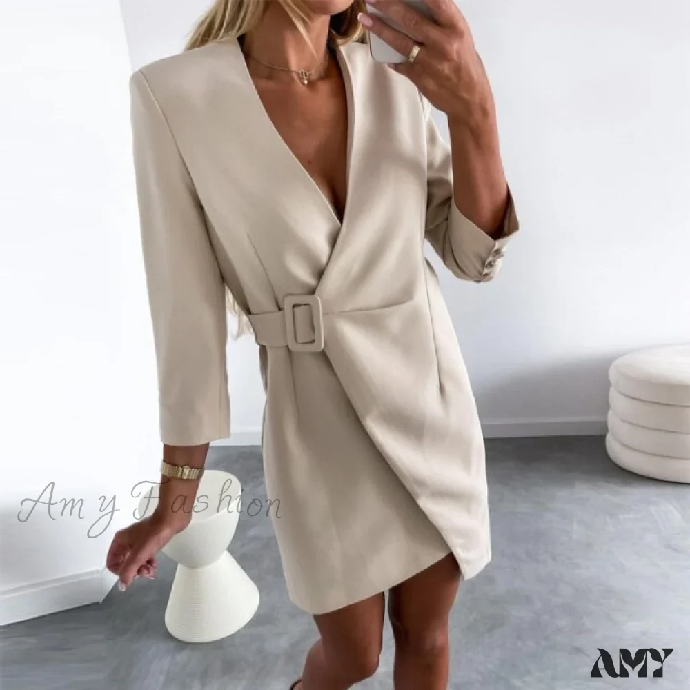 Amy Fashion - Elegant V-Neck Side Belt Office Lady Suit Dress - Image 3