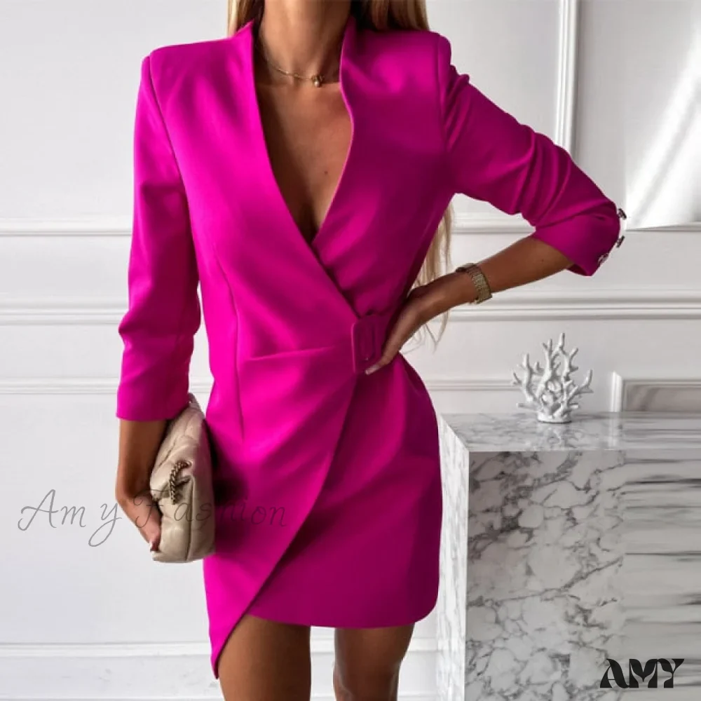 Amy Fashion - Elegant V-Neck Side Belt Office Lady Suit Dress - Image 4