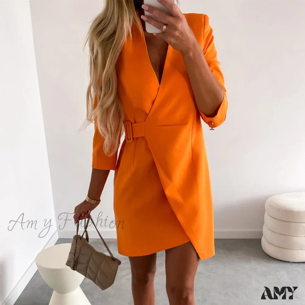 Amy Fashion - Elegant V-Neck Side Belt Office Lady Suit Dress - Image 5