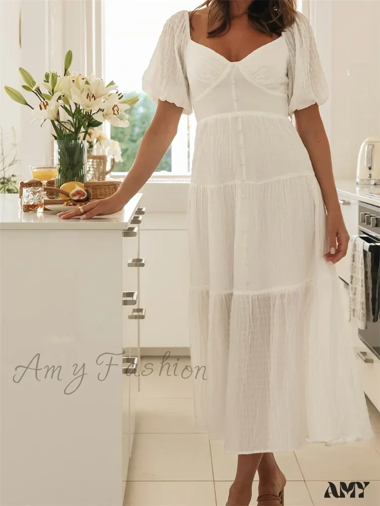 Amy Fashion - Elegant Women  A-Line Short Puff Sleeve V Neck Back Tie-up Knotted  Summer Party Female Vestidos