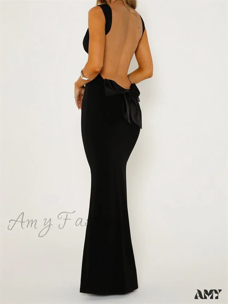 Amy Fashion - Elegant Women Bow Patchwork  Sleeveless V-neck Low Cut Backless Solid Cocktail Party Formal Vestidos - Image 3