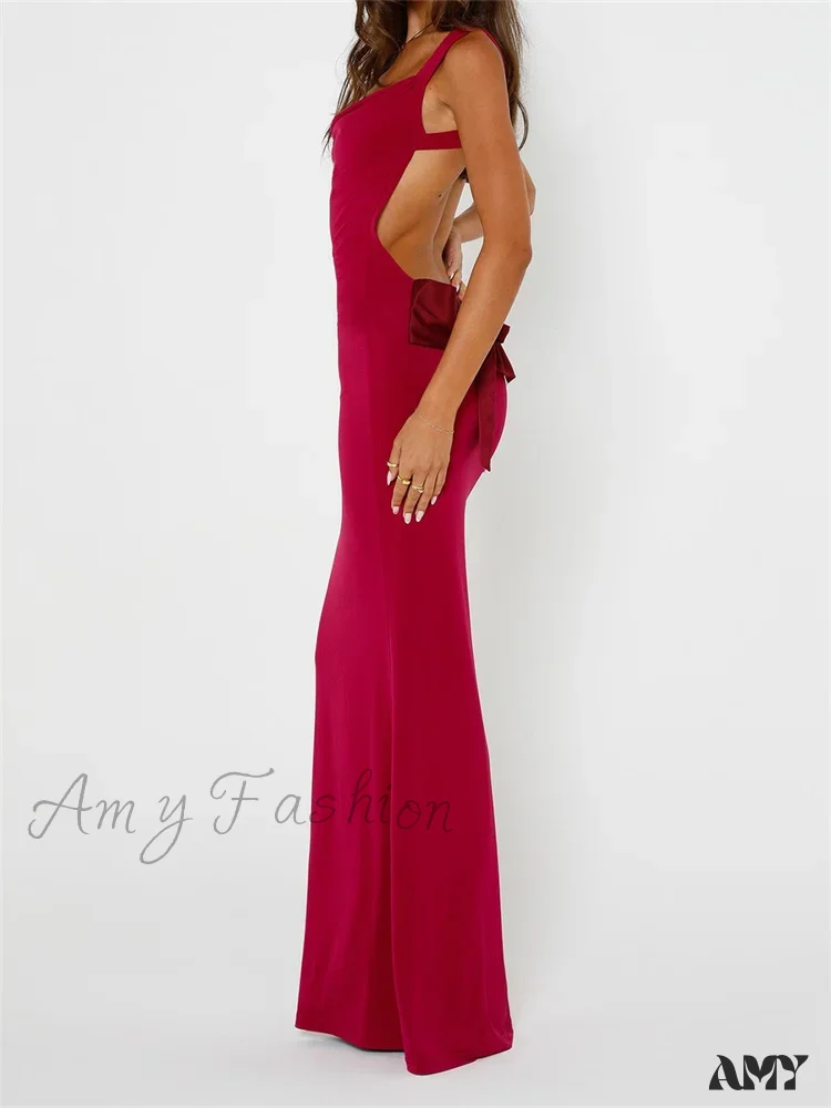 Amy Fashion - Elegant Women Bow Patchwork  Sleeveless V-neck Low Cut Backless Solid Cocktail Party Formal Vestidos - Image 6