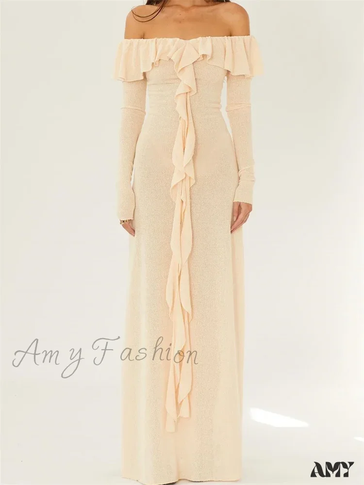 Amy Fashion - Elegant Women Knitted Evening  Solid  Sleeve Slash Neck Off Shoulder Ruffles Party Female Vestido - Image 7
