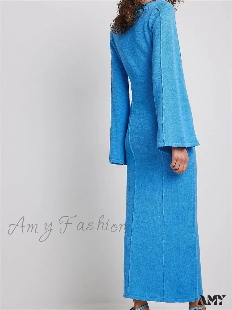 Amy Fashion - Elegant Women Knitted Patchwork  Vintage  Flare Sleeve Round Neck  Slim Fit Solid Party Vestidos - Image 2