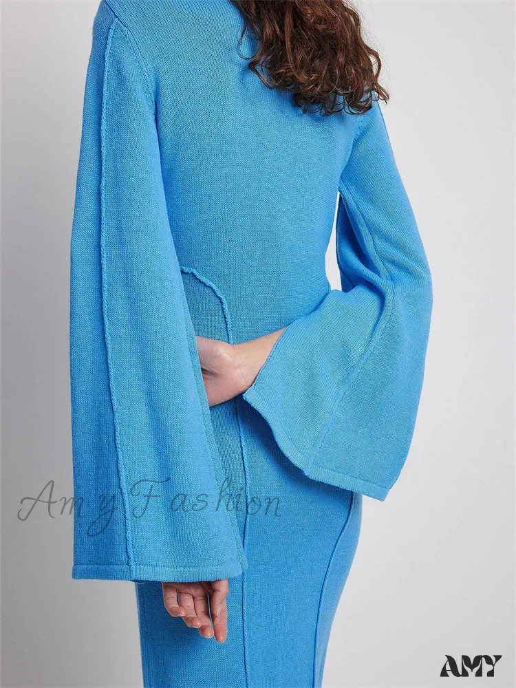 Amy Fashion - Elegant Women Knitted Patchwork  Vintage  Flare Sleeve Round Neck  Slim Fit Solid Party Vestidos - Image 3
