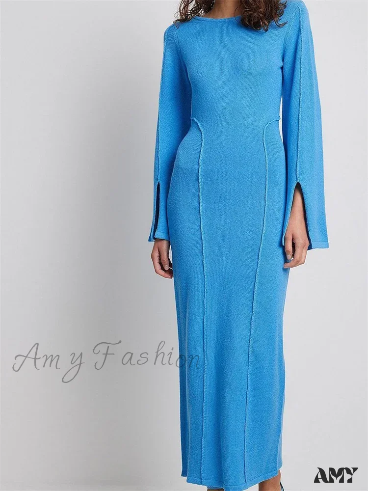 Amy Fashion - Elegant Women Knitted Patchwork  Vintage  Flare Sleeve Round Neck  Slim Fit Solid Party Vestidos - Image 4