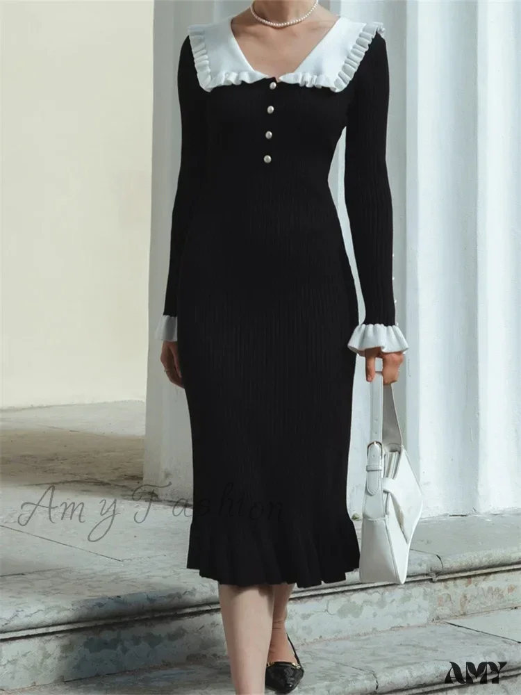 Amy Fashion - Elegant Women Knitted Sleeve Casual Solid Color Ruffles Hem Party for Beach Cocktail Club Streetwear