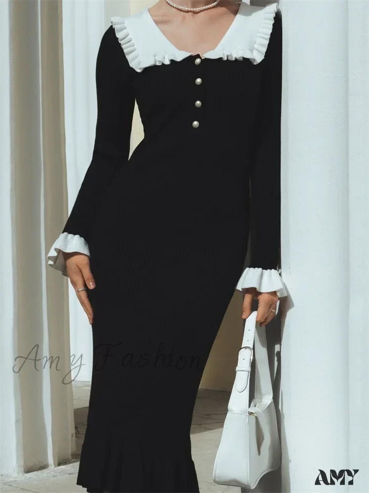 Amy Fashion - Elegant Women Knitted Sleeve Casual Solid Color Ruffles Hem Party for Beach Cocktail Club Streetwear - Image 2