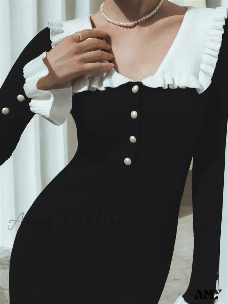 Amy Fashion - Elegant Women Knitted Sleeve Casual Solid Color Ruffles Hem Party for Beach Cocktail Club Streetwear - Image 3