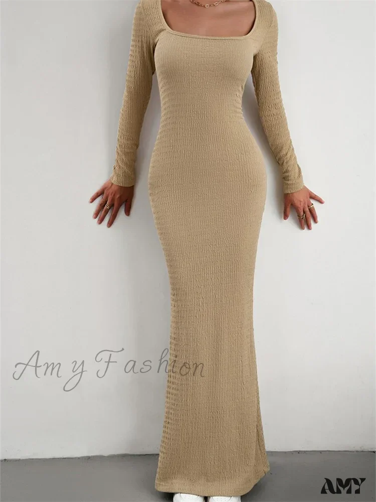 Amy Fashion - Elegant Women Knitted   Sleeve Square Neck Solid Slim Fit Spring Autumn Cocktail Female Vestidos - Image 11