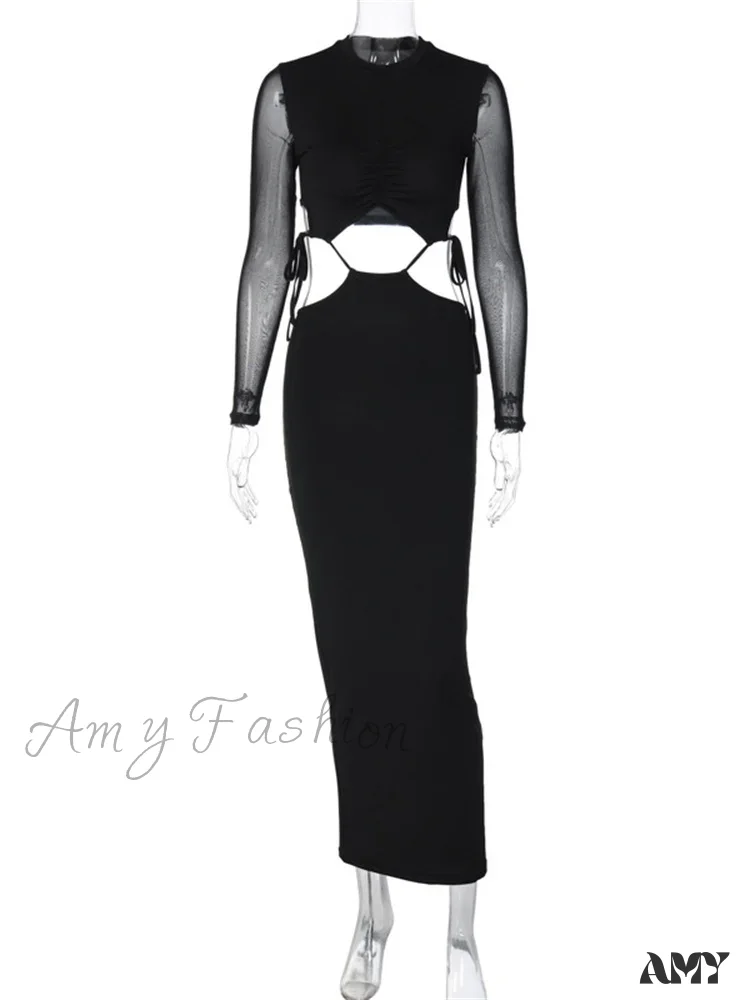 Amy Fashion - Elegant Women Mesh See Through  Sleeve O-Neck Waist Hollow Out Tie-up Cocktail Spring Autumn Vestidos - Image 2