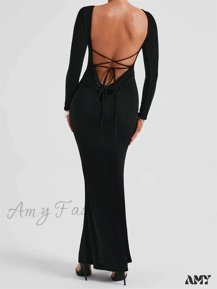 Amy Fashion - Elegant Women Party  Backless Criss-cross Tie-up Bodycon Formal Club  Sleeve Solid Female Vestido - Image 3