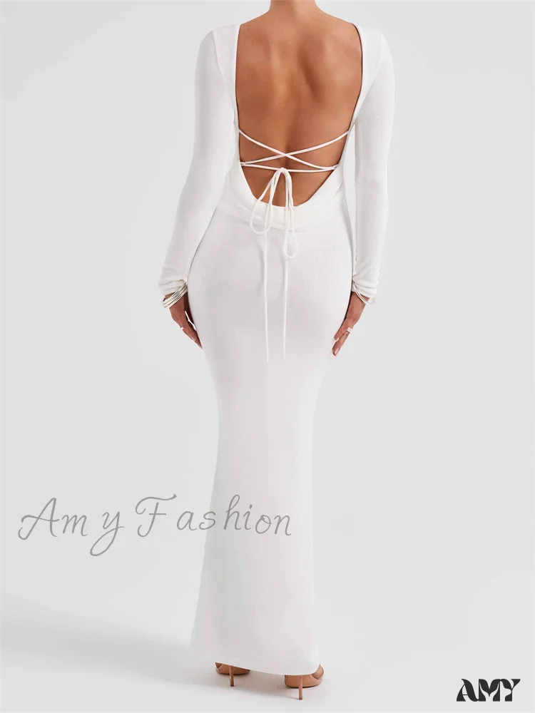 Amy Fashion - Elegant Women Party  Backless Criss-cross Tie-up Bodycon Formal Club  Sleeve Solid Female Vestido - Image 6