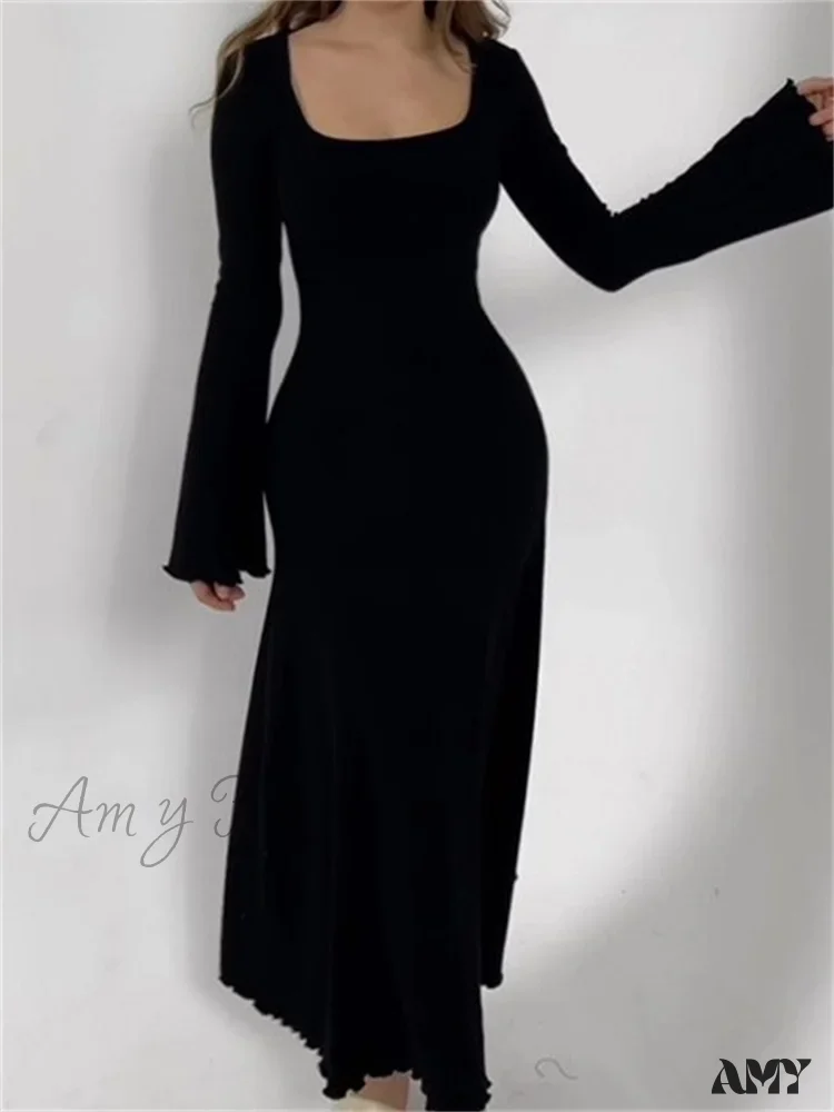 Amy Fashion - Elegant Women Ribbed   Sleeve Square Neck Solid Slim Fit Fall Party Vestido Streetwear - Image 8