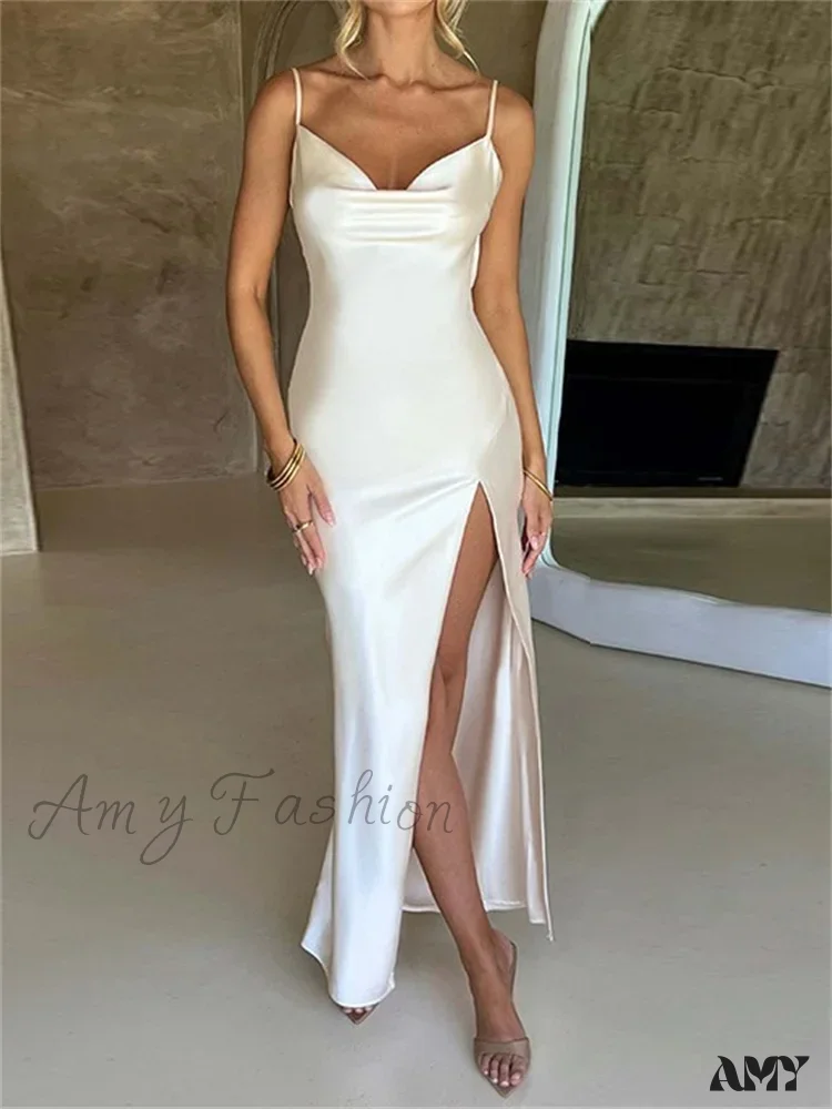 Amy Fashion - Elegant Women Satin V-neck Low Cut  Spaghetti Strap Backless Ruched High Split Party Female Vestidos