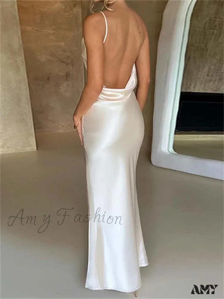 Amy Fashion - Elegant Women Satin V-neck Low Cut  Spaghetti Strap Backless Ruched High Split Party Female Vestidos - Image 2