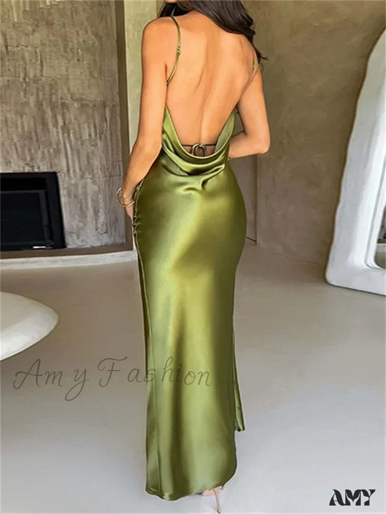 Amy Fashion - Elegant Women Satin V-neck Low Cut  Spaghetti Strap Backless Ruched High Split Party Female Vestidos - Image 5