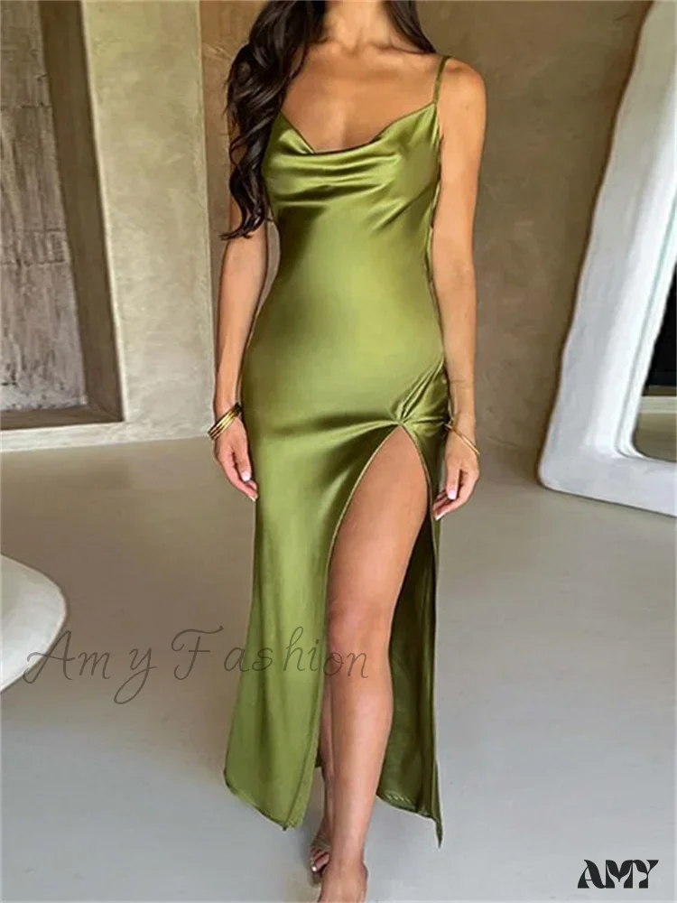 Amy Fashion - Elegant Women Satin V-neck Low Cut  Spaghetti Strap Backless Ruched High Split Party Female Vestidos - Image 6