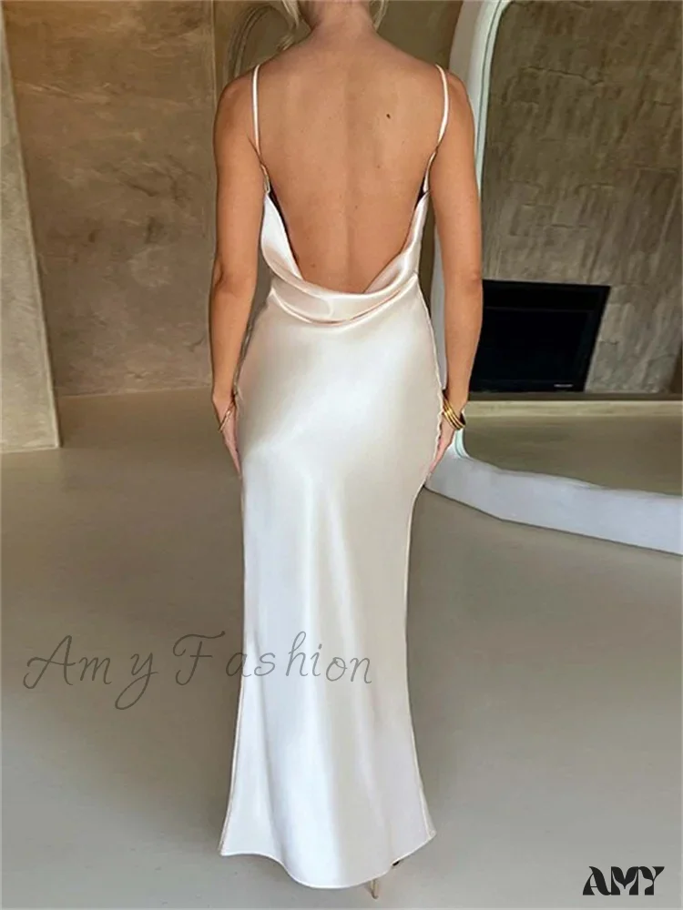Amy Fashion - Elegant Women Satin V-neck Low Cut  Spaghetti Strap Backless Ruched High Split Party Female Vestidos - Image 8