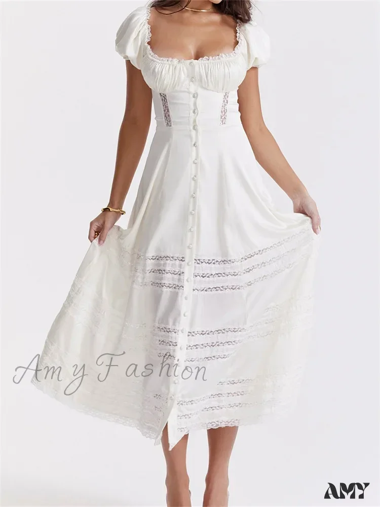 Amy Fashion - Elegant Women Short Sleeve Front Buttons Up   Lace Hollow Out High Waist White OL Summer Vestidos - Image 2