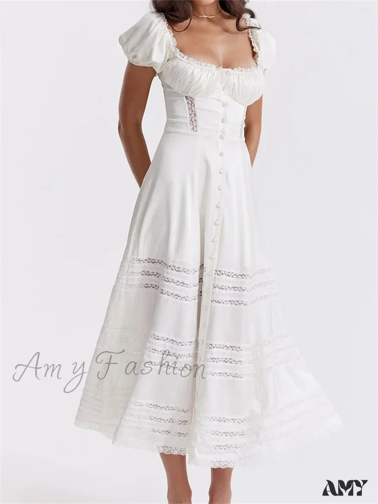 Amy Fashion - Elegant Women Short Sleeve Front Buttons Up   Lace Hollow Out High Waist White OL Summer Vestidos - Image 4