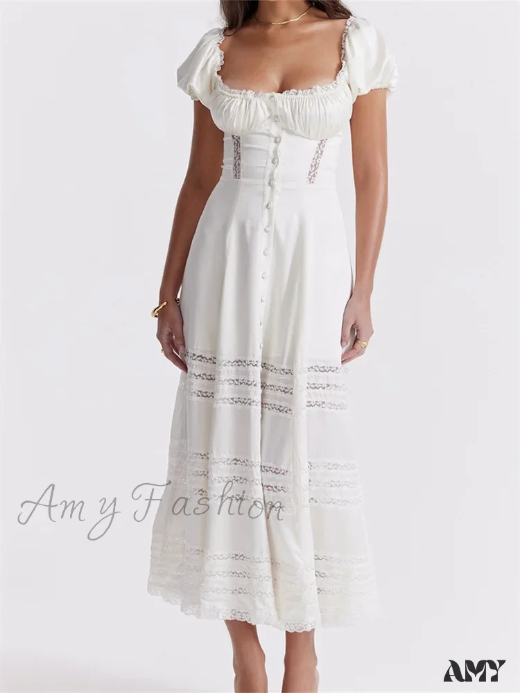 Amy Fashion - Elegant Women Short Sleeve Front Buttons Up   Lace Hollow Out High Waist White OL Summer Vestidos - Image 7