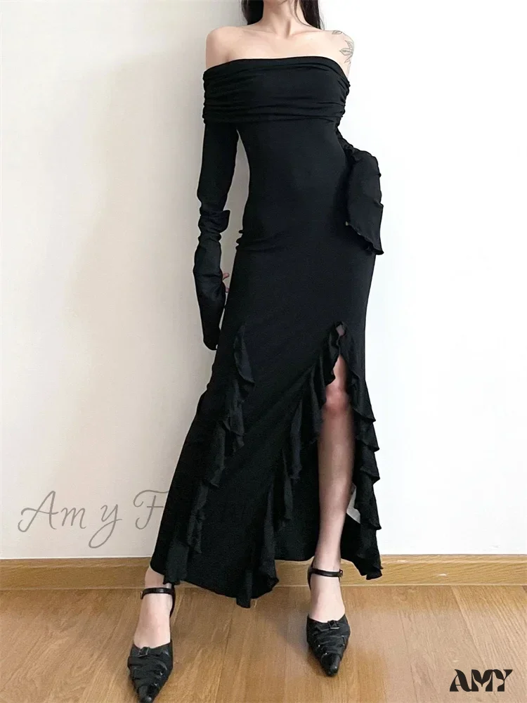 Amy Fashion - Elegant Women Slash Neck Off Shoulder   Flare Sleeve Party Irregular Hem Ruffles Female Vestidos - Image 7
