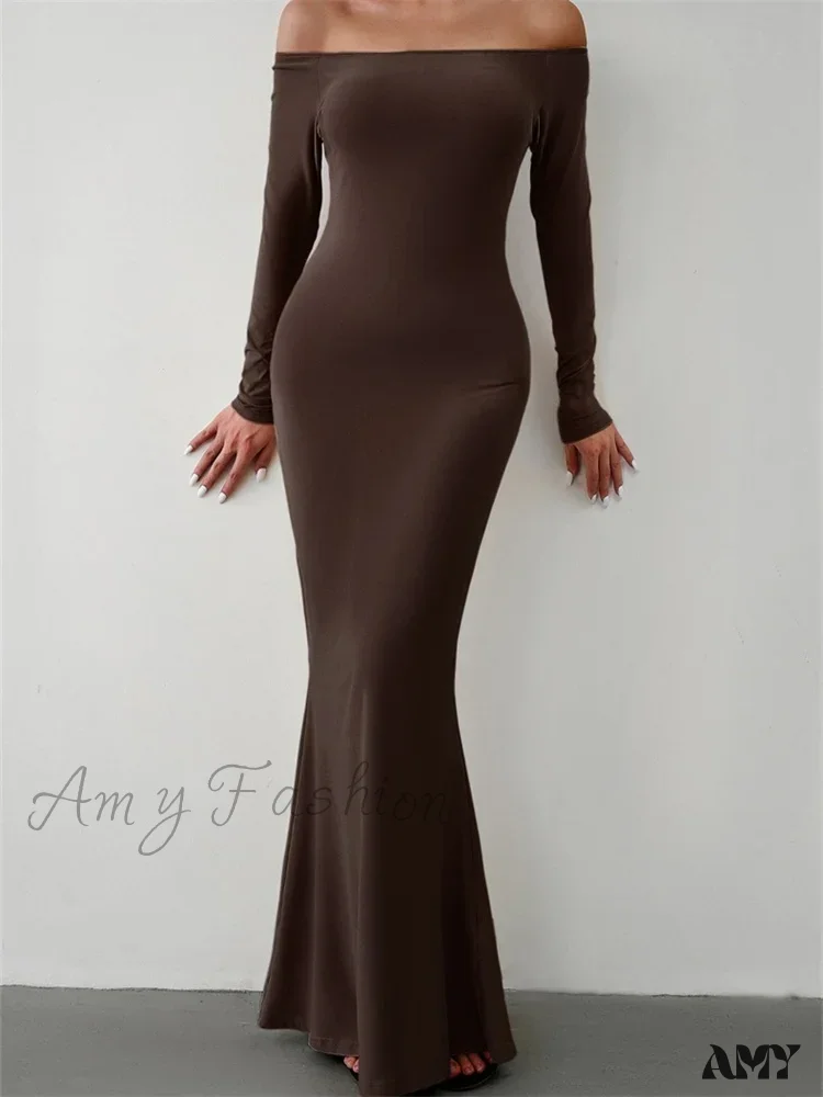 Amy Fashion - Elegant Women Sleeve Trumpet Solid Slash Neck Off-Shoulder Party Beach Cocktail Club Streetwear