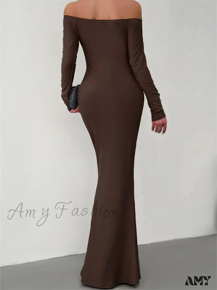 Amy Fashion - Elegant Women Sleeve Trumpet Solid Slash Neck Off-Shoulder Party Beach Cocktail Club Streetwear - Image 2